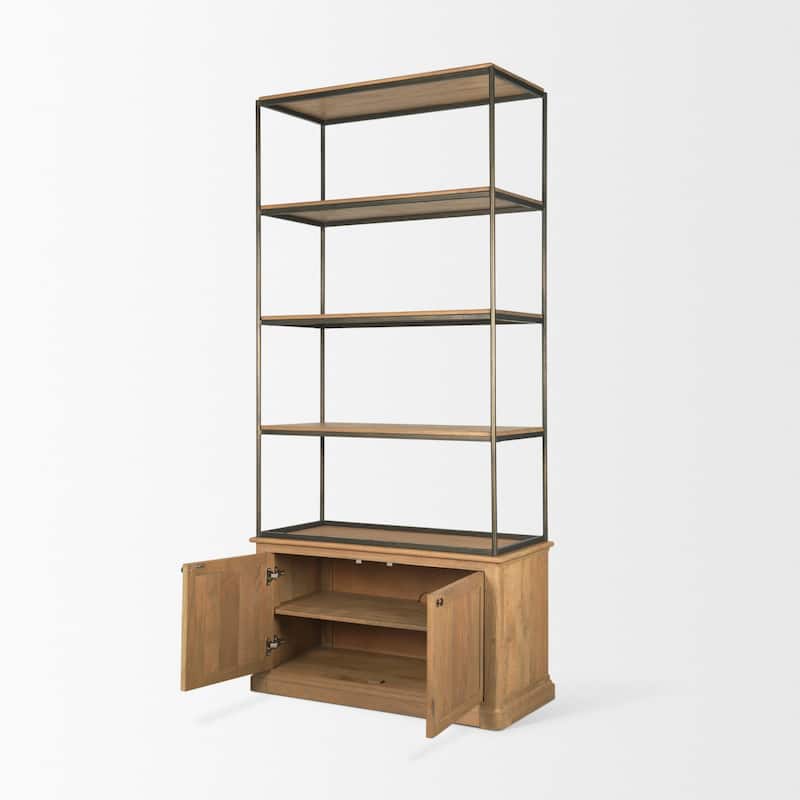 Baron Light / Dark Brown Wood w/ Antiqued Aged Brass Metal 2-Door / 4-Door Open Shelving Unit