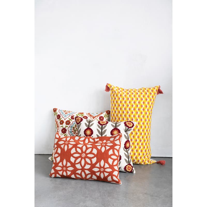Cotton Slub Lumbar Pillow with Floral Pattern and Tassels
