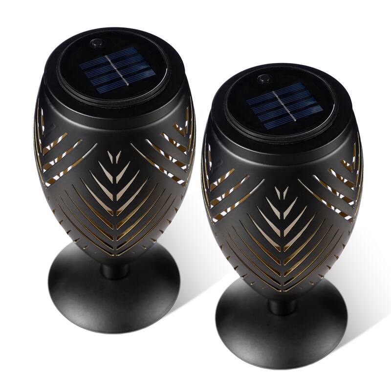 Glitzhome 8.75"H Set of 2 Black Metal Cutout Geometric Pattern Solar Powered Outdoor Lantern with LED Light