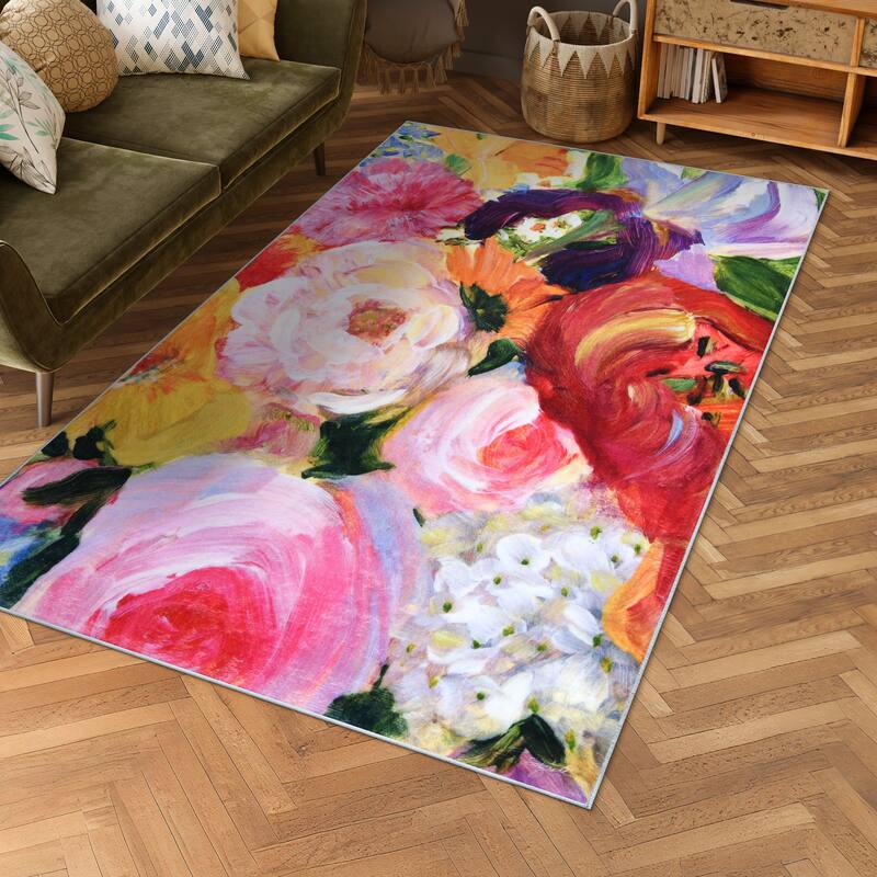 Yellow and Violet I, Hand Washable Flowers Art Area Rug, power-loomed, 100% polyester, 2mm pile, non-slipping back