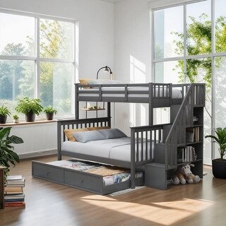 Twin over Full Bunk Bed with Trundle, Maximized Storage Space, Grey