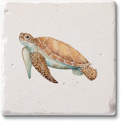 Sea Turtle 4 Pack Natural Shell Stone Absorbent Coasters with Protective Cork Backing Manufactured in The USA