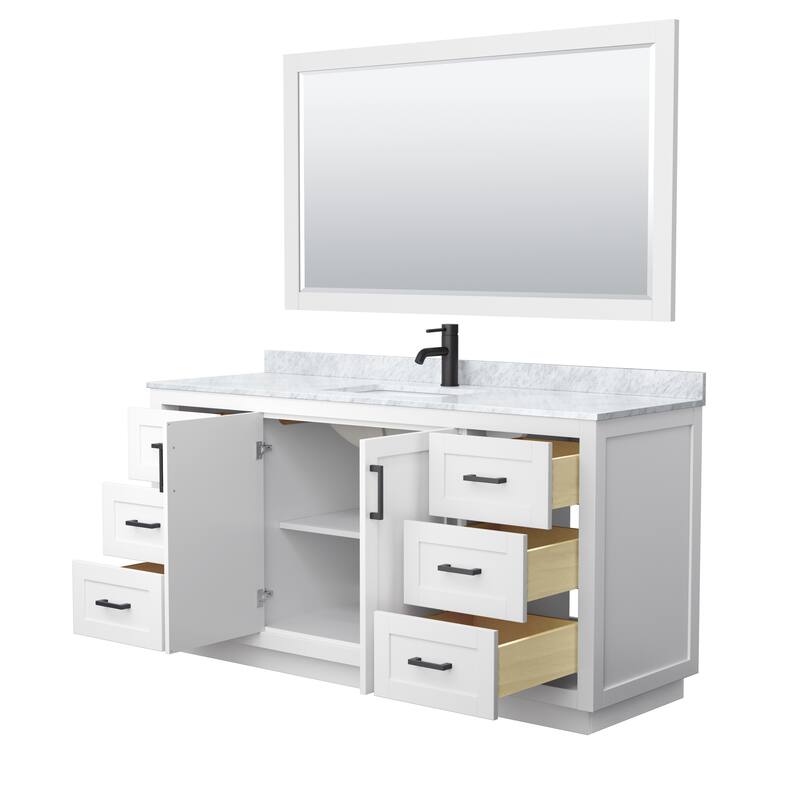 Miranda Bathroom Vanity Set, White Carrara Marble Top, 58-Inch Mirror