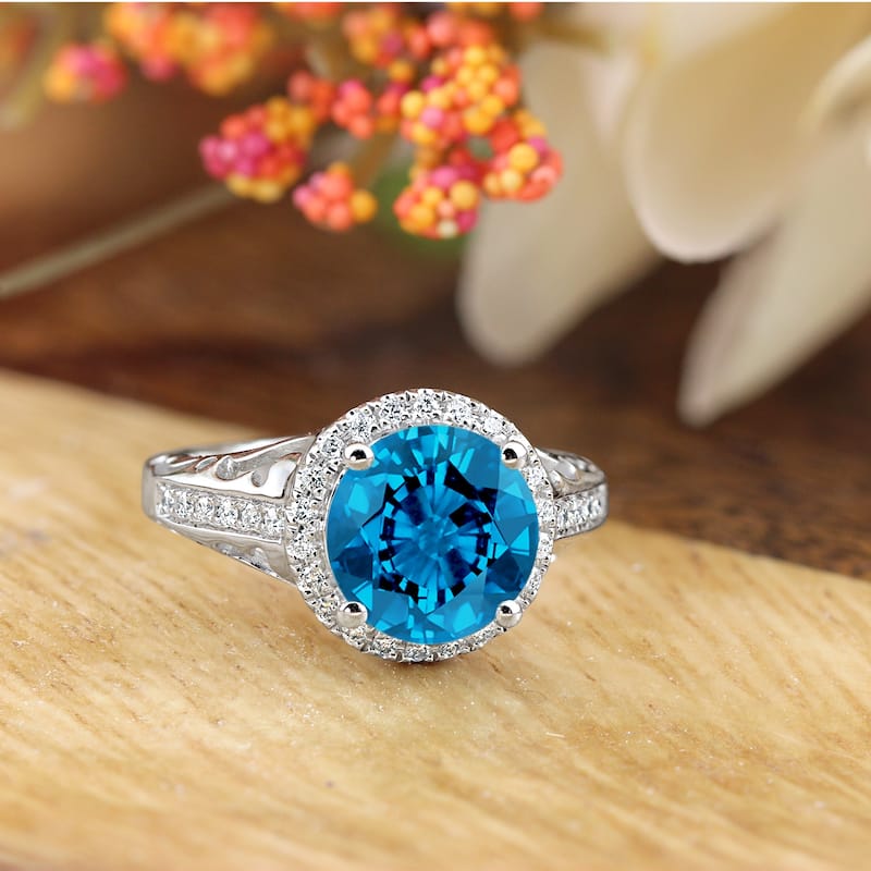 Auriya 2 5/8ct Fancy Round Swiss Blue Topaz and Halo Diamond Engagement Ring 1/5ctw 14k Gold