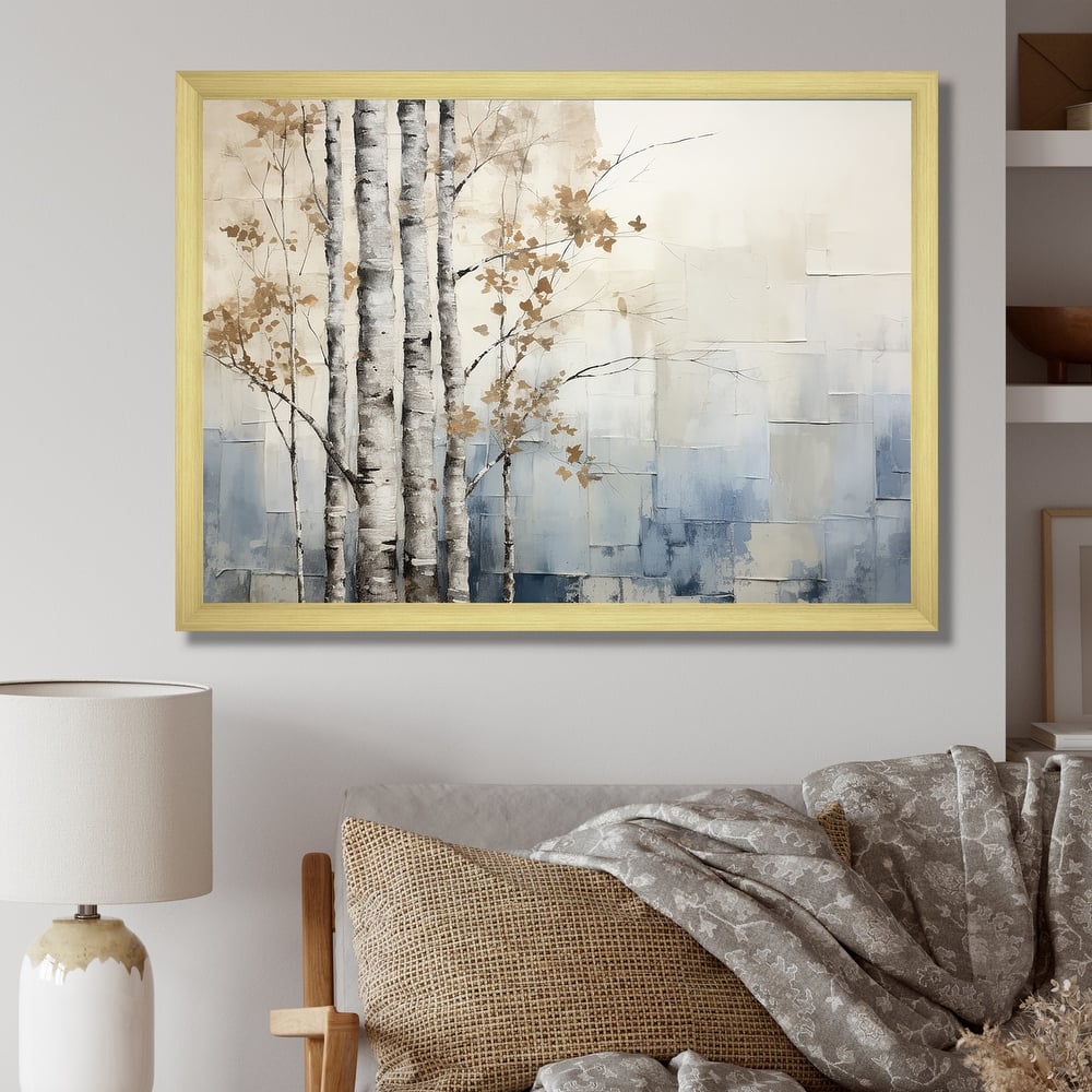 Designart "Blue And White Forest Winter Harmony" Forest Framed Wall Art Living Room