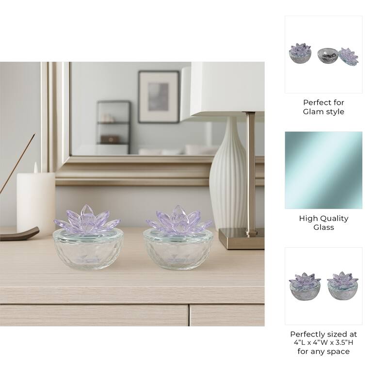 Glass Decorative Boxes Lotus Lids Textured Modern Style (Set of 2)