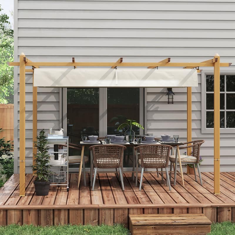 Outsunny 10' x 12' Retractable Pergola Canopy, Wood Grain Aluminum Pergola, Outdoor Sun Shade Shelter for Grill, Garden