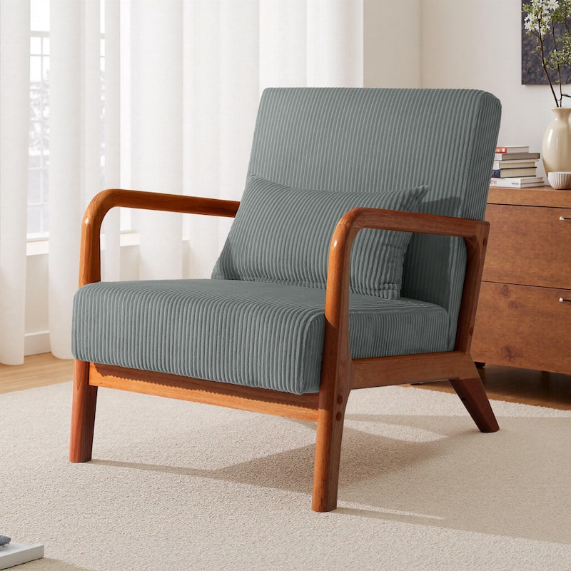 25" W Mid Century Upholstered Wood Accent Chair with Pillow - Dark Wood - Grey