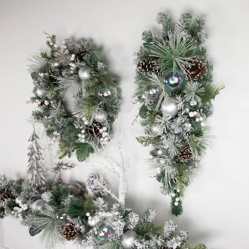 30" Flocked Pine Artificial Christmas Teardrop Swag with Iridescent Ornaments - Unlit