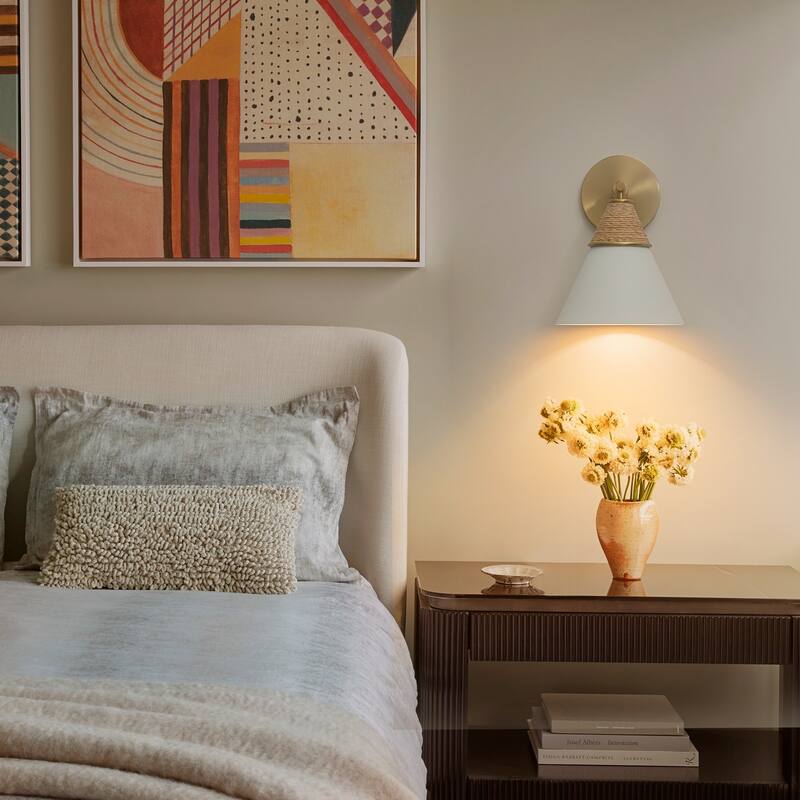 Wall Sconce with Milky Metal Cone Shade and Hand-Wrapped Jute Rope