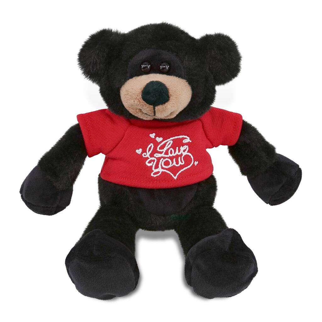 DolliBu I LOVE YOU Super Soft Long Leg Black Bear with Red Shirt - 10.5 inches