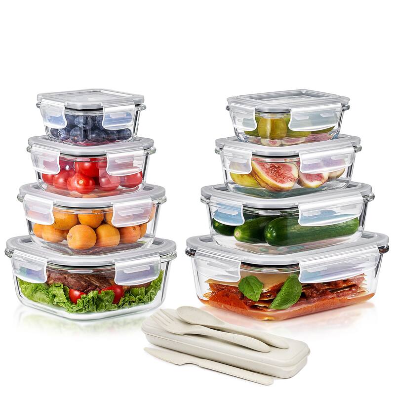 Sorbus 16-Piece Glass Food Storage Containers with Lids - Airtight, Microwave, Fridge, Dishwasher Safe Meal Prep Containers
