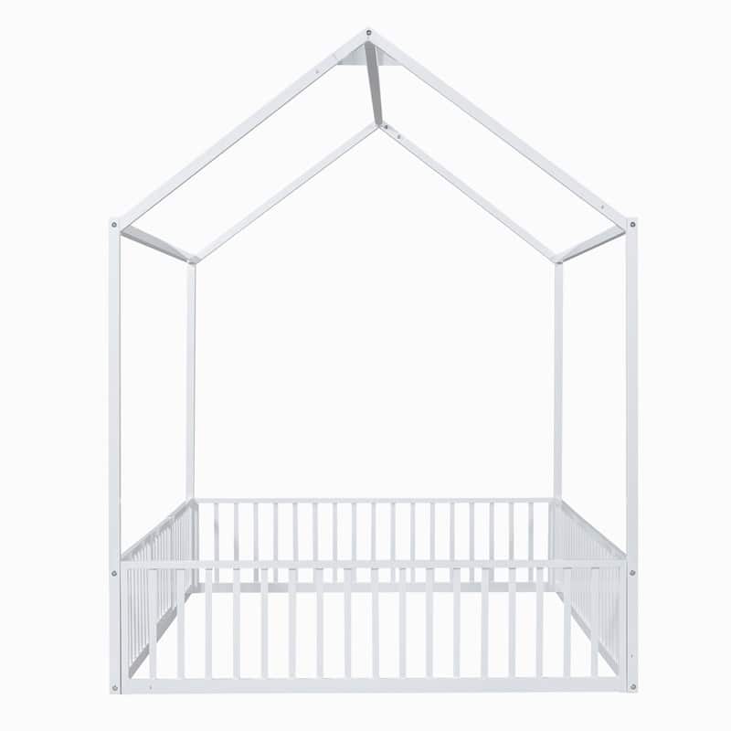Full Size Metal House Bed with Fence and Door