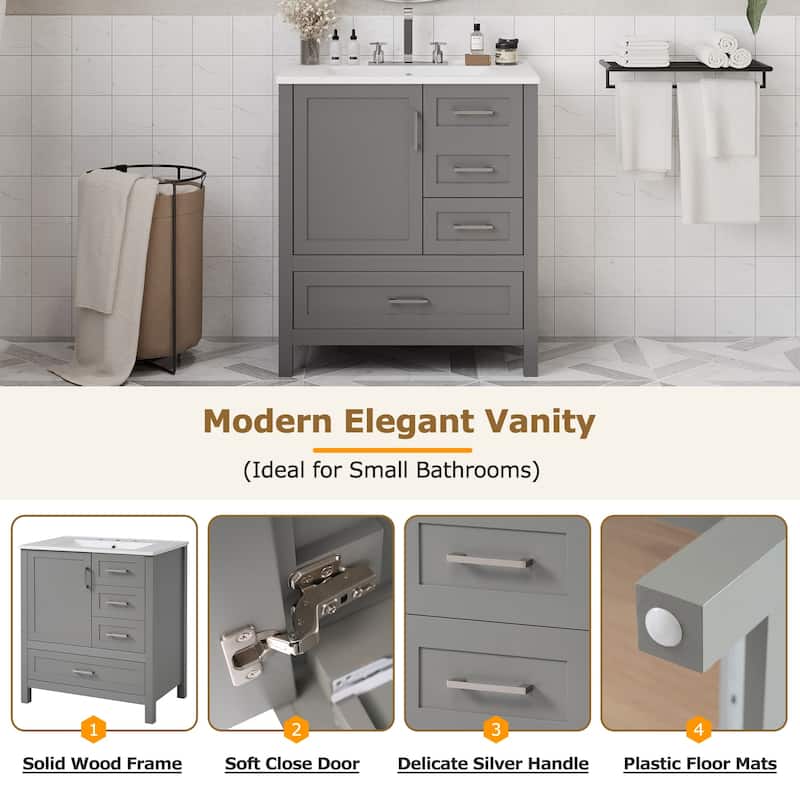 30" Bathroom Wood Storage Vanity Cabinet with Ceramic Sink, 3 Drawers