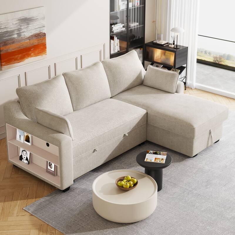 90" Convertible Sleeper Sofa with Storage Chaise, USB Ports, Storage Racks for Compact Spaces