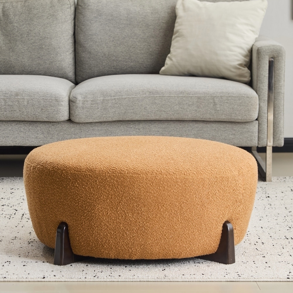 Boucle Top Round Ottomanwith Splayed Rubber Wood Legs