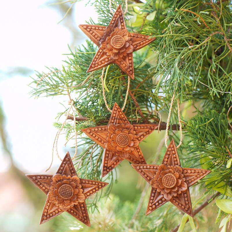 Novica Handmade Little Lotus Wood Holiday Ornaments (Set Of 4)
