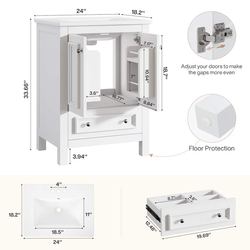 Bathroom Vanity with Sink, Solid Wood Frame Freestanding Vanity with Door Organizer and Drawer