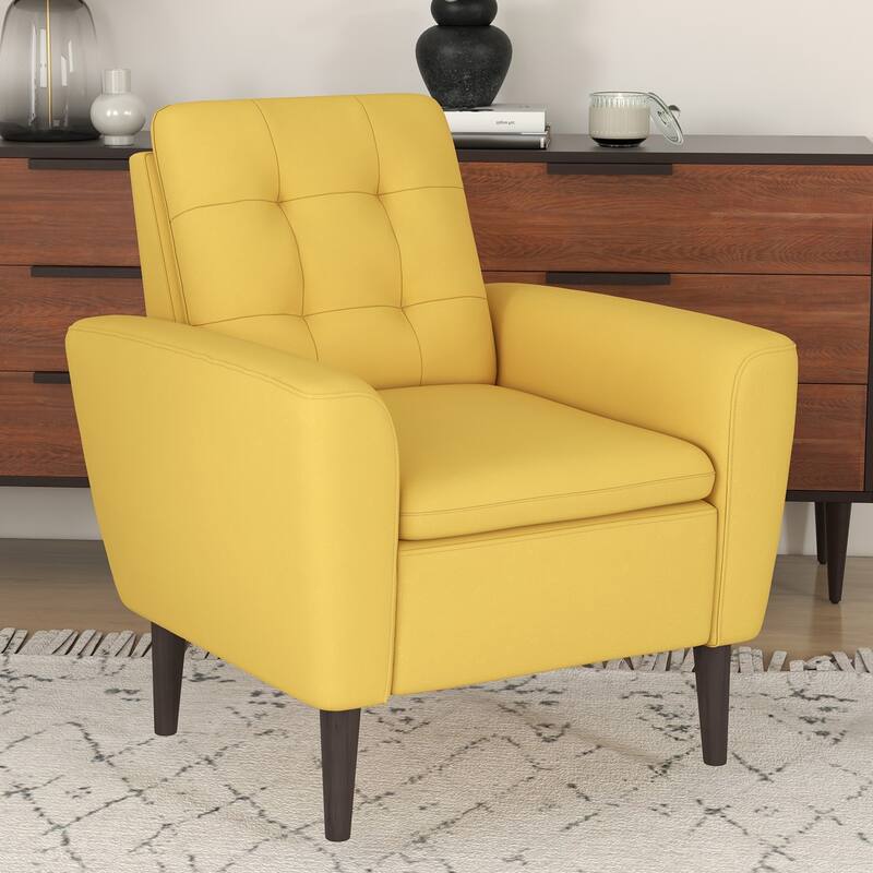 Button Tufted Fabric Accent Chair Armchair with Solid Sagwan Wooden Frame - Yellow