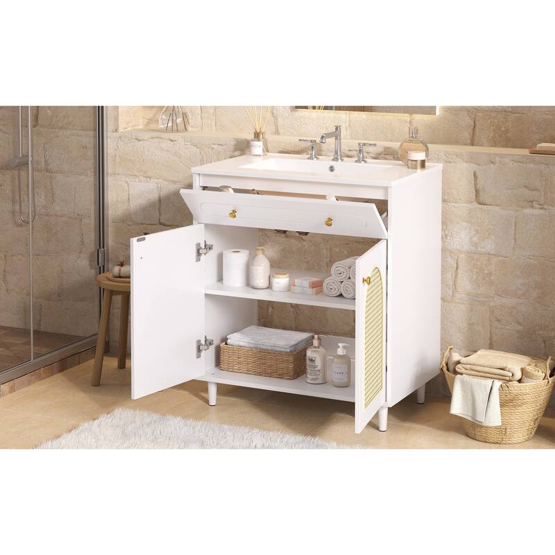 30" Bathroom Vanity with Ceramic Sink, Solid Wood Frame Bathroom Sink Cabinet with Adjustable Shelf, Tip-Drawer