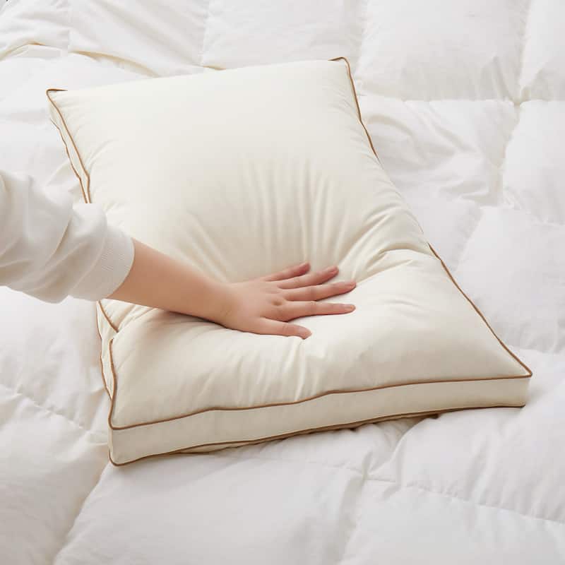 100% Organic Cotton Down Feather 4-Layer Gusseted Bed Pillow Set of 2 - White