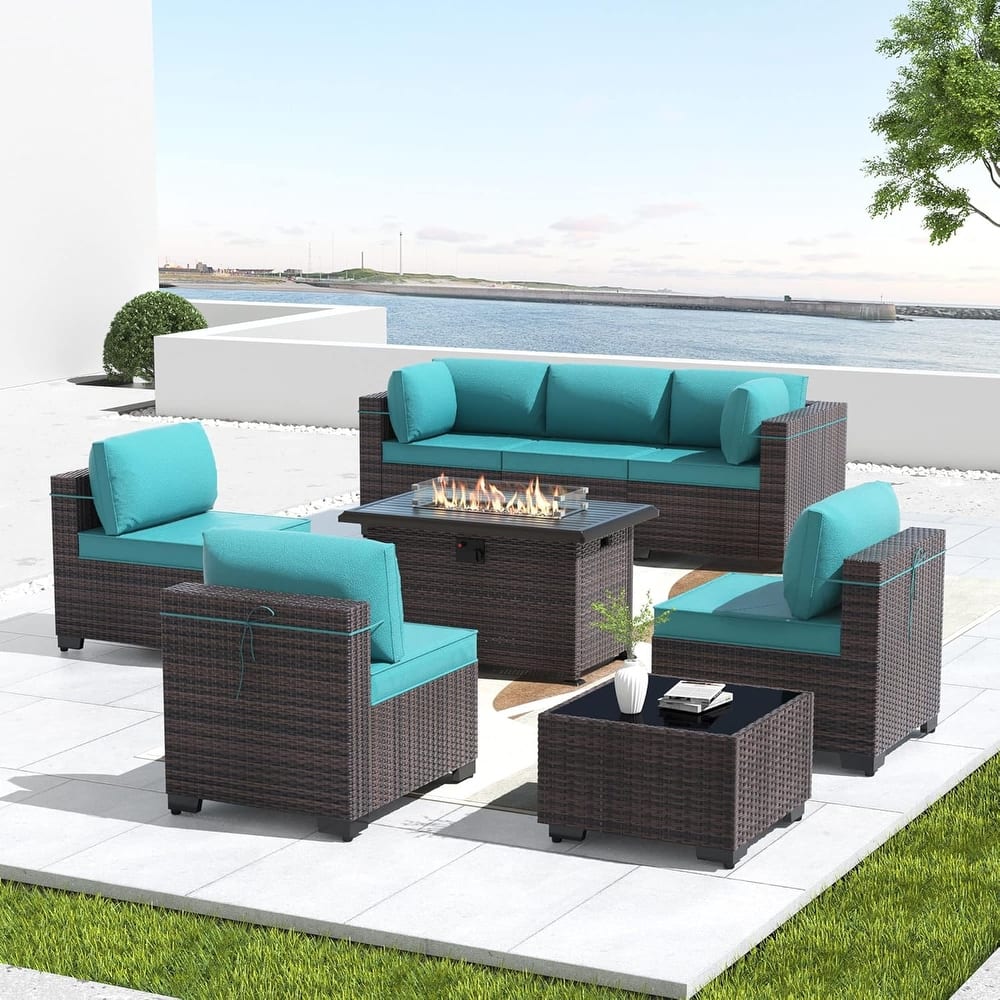 8 Pieces Outdoor Patio Furniture Set, All Weather PE Wicker Sectional Conversion Sofa set w/ Firepit Table