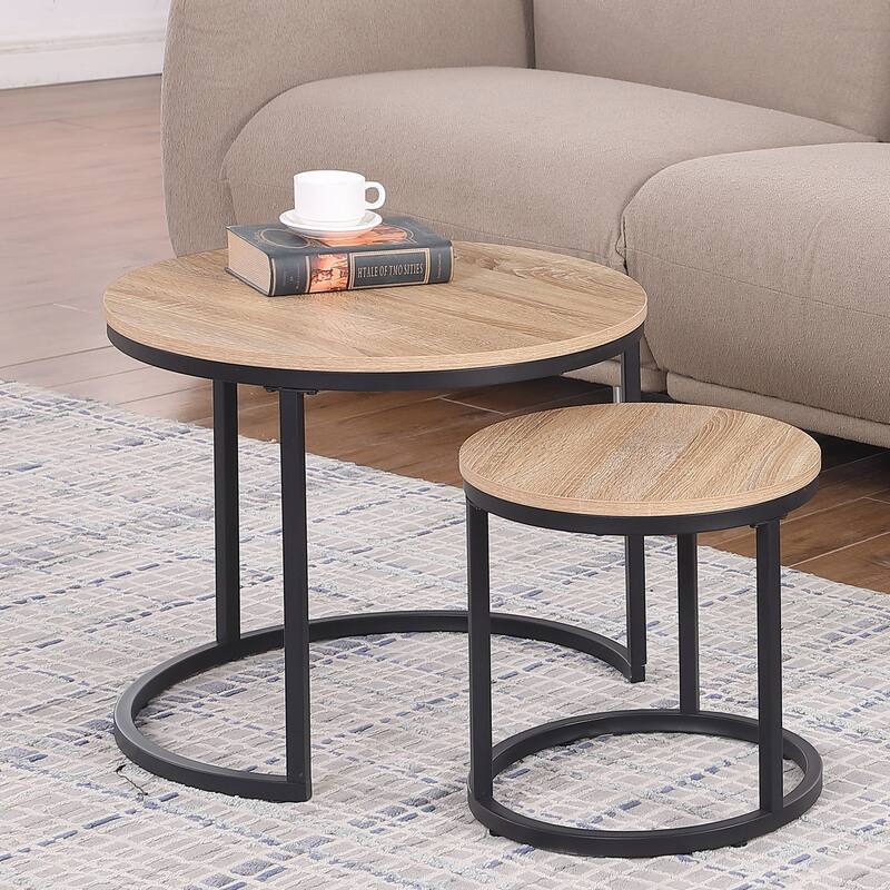 24" Round Nesting Table, Accent Coffee Table, Natural Oak Wood Finish, Space-Saving, Modern Industrial Style