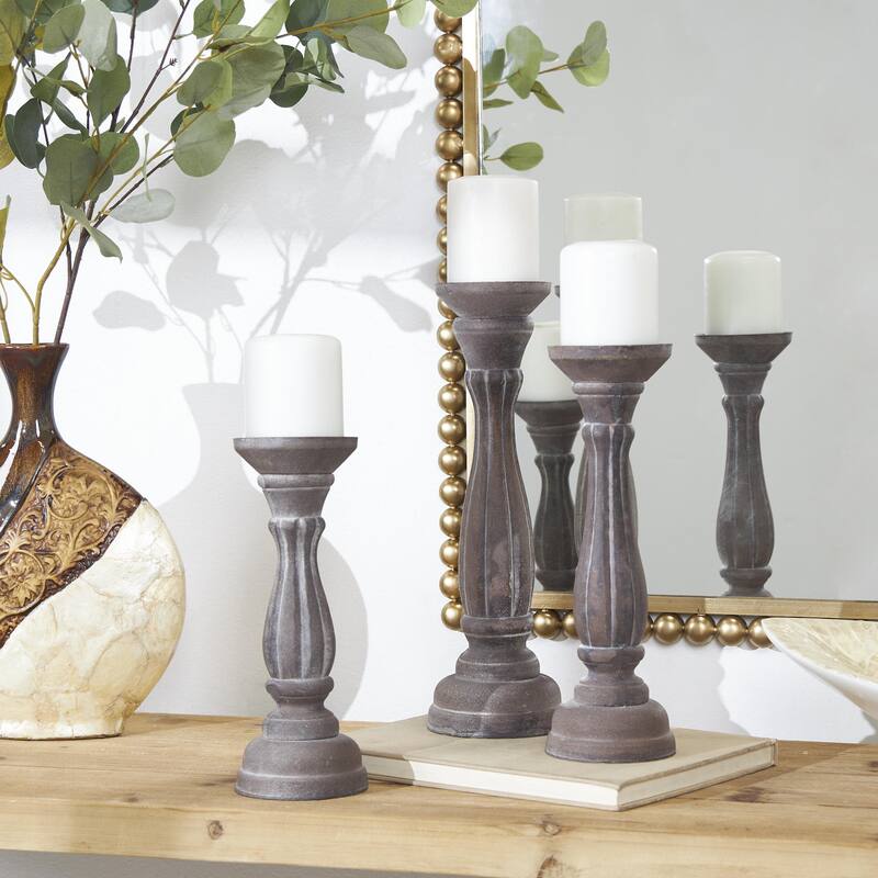 Wooden Distressed Turned Decorative Candle Holder - Set of 3 Gray, Brown, Blue, Green - Roche River Decor