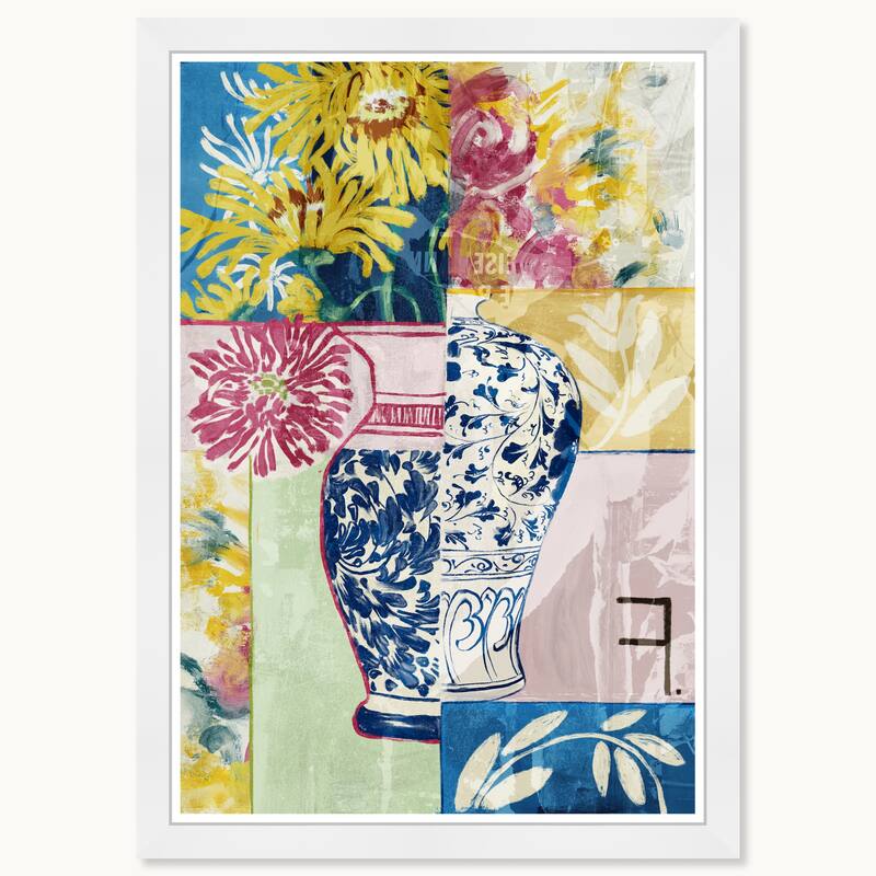 Wynwood Studio Potted Collage Flora Framed Trendy Maximalist Decor 1 Piece Canvas Wall Art - 15 x 21 - White