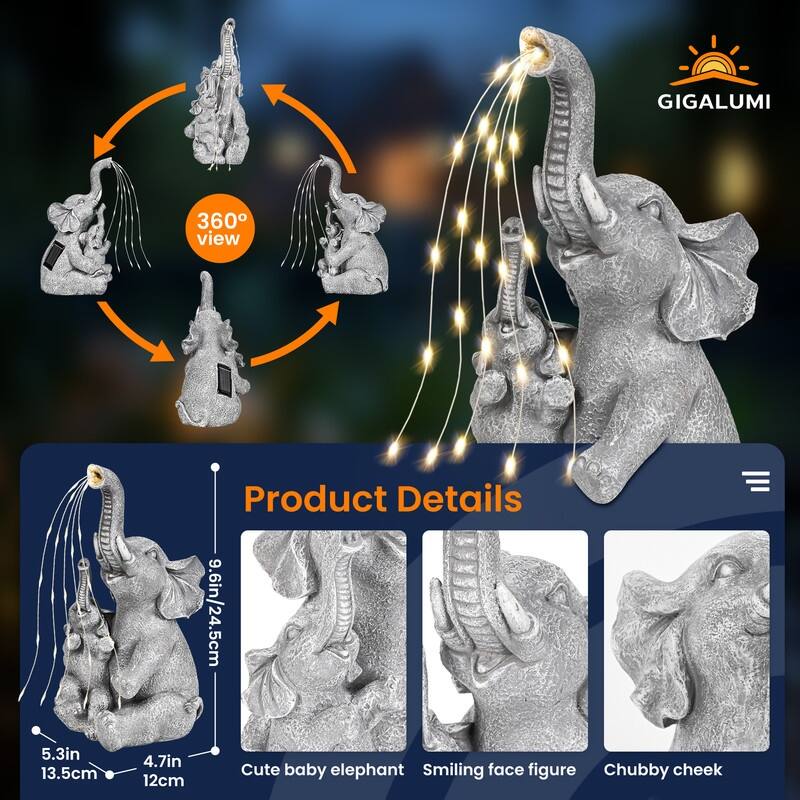 Solar-Powered Mother & Child Elephant Statue, Outdoor Garden Decor with Warm Lights - 5 in. x 5 in. x 10 in.