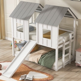 Twin Over Twin House Bunk Bed with Slide and Windows