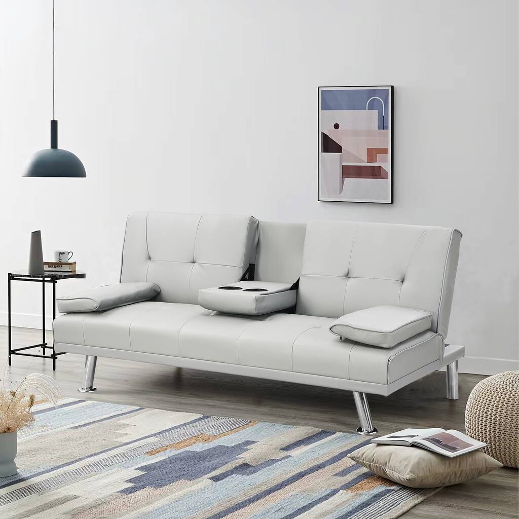 White 67" Faux Leather Loveseat Sofa Bed with 2 Cup Holder and Stainless Legs for Living Room
