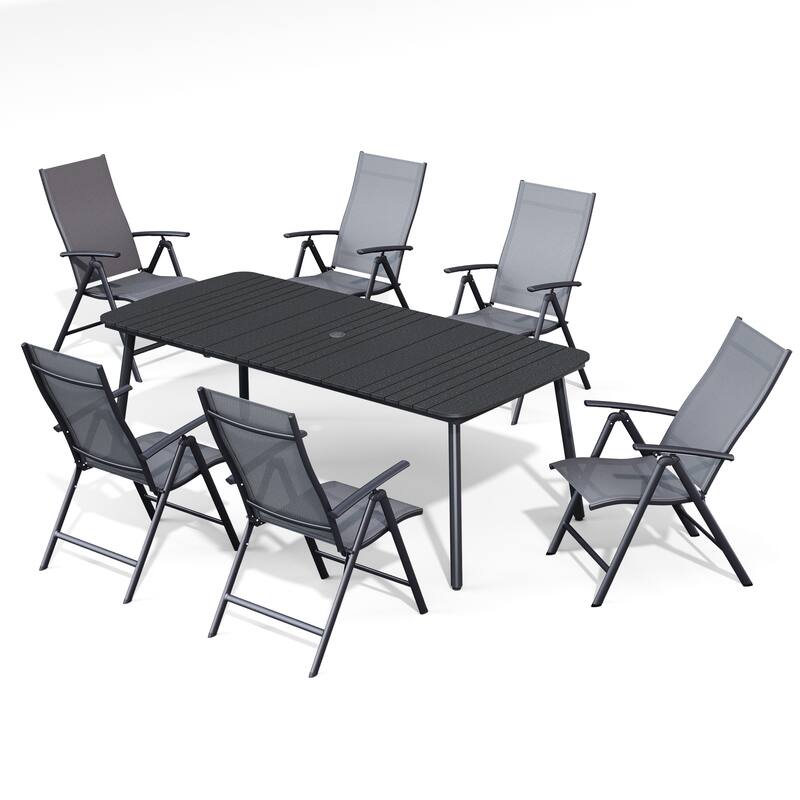 Outdoor Patio Dining Table Rectangular Aluminum with Durable Adjustable Reclining Folding Chair - 81.5in-Black-Table&Grey-Chair