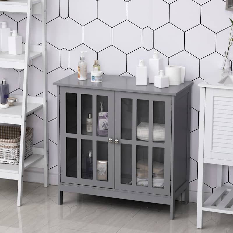 kleankin Storage Sideboard Buffet Cabinet Credenza with 2 Transparent Doors Dining Cupboard in Kitchen, Hallway, Grey - 31.5" L x 14.25" W x 31.5" H - Wood Finish - Grey