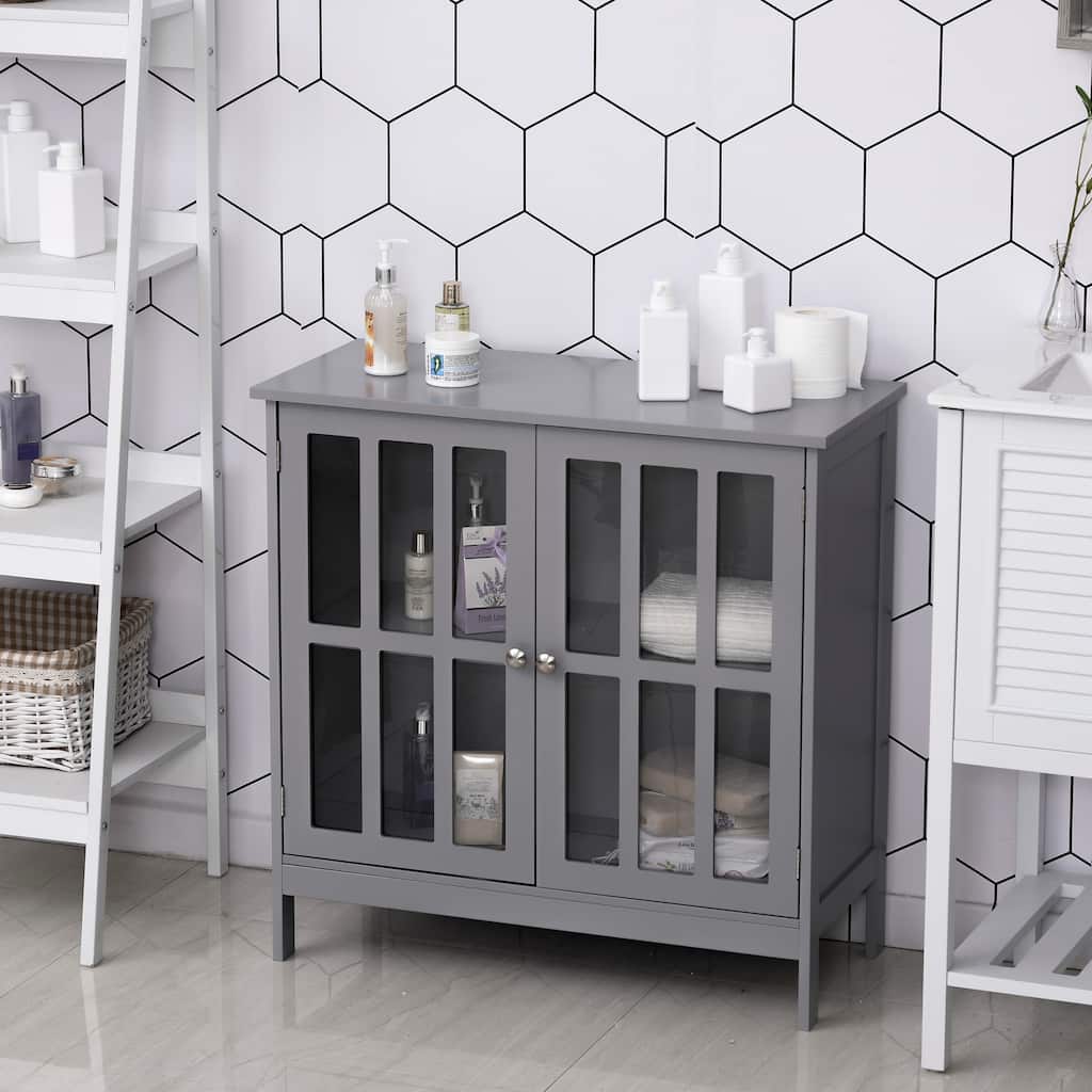 kleankin Storage Sideboard Buffet Cabinet Credenza with 2 Transparent Doors Dining Cupboard in Kitchen, Hallway, Grey