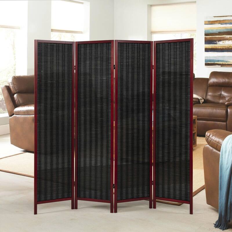 Roundhill Furniture Inkwell 4-Panel Bamboo Room Divider, Folding Portable Partition Screen - Black with Cherry Frame