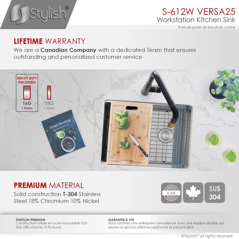 STYLISH 25 inches Workstation Single Bowl Undermount 16 Gauge Stainless Steel Kitchen Sink with Built in Accessories Handmade