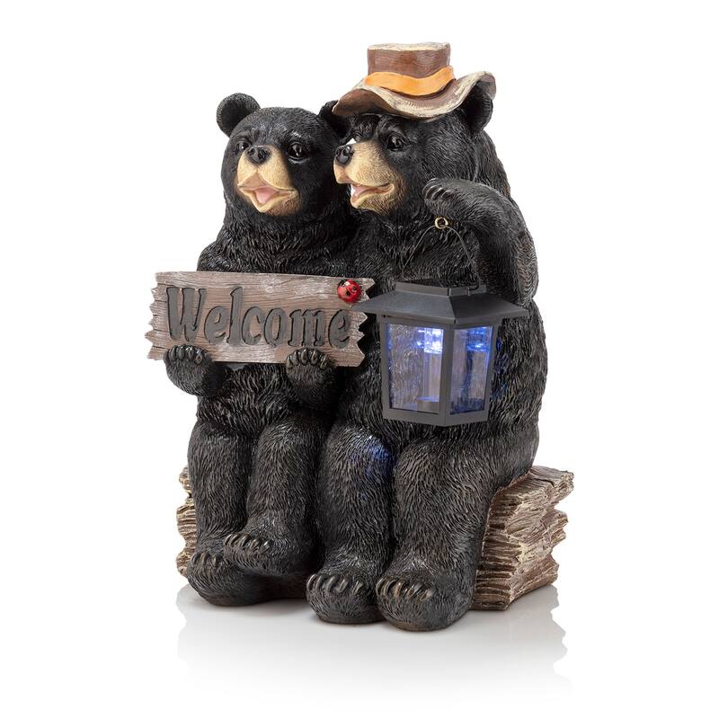 15 Inch Solar Couple of Bears with Lantern and Welcome Sign