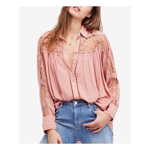Shop FREE PEOPLE Womens Pink Crochet Inset Long Sleeve ...