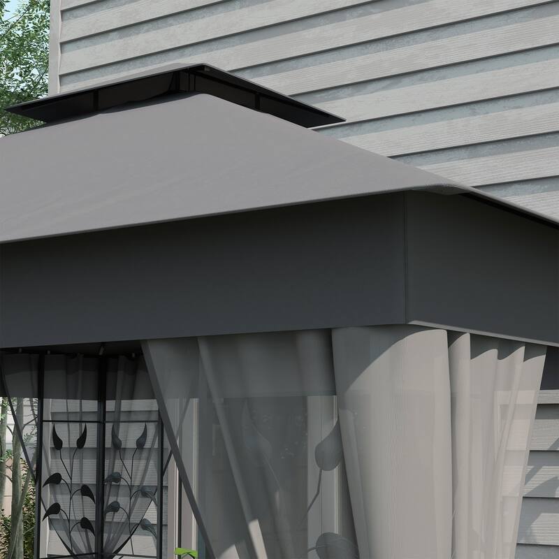 Outsunny 10' x 11.5' Metal Patio Gazebo, Double Roof Outdoor Gazebo Canopy Shelter with Tree Motifs Corner Frame and Netting
