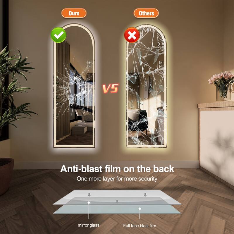 65" x 21" Arch Design LED Full Length Mirror ,Dimmable, High Definition & Explosion-Proof, Full-Length Standing or Wall-Mounted