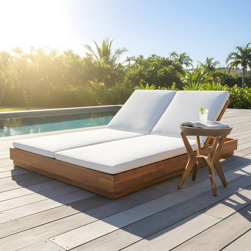 Christopher Knight Home - Outdoor Acacia Wood Double Chaise Lounge with Adjustable Backrest and Concrete Side Table - Single Side Table
