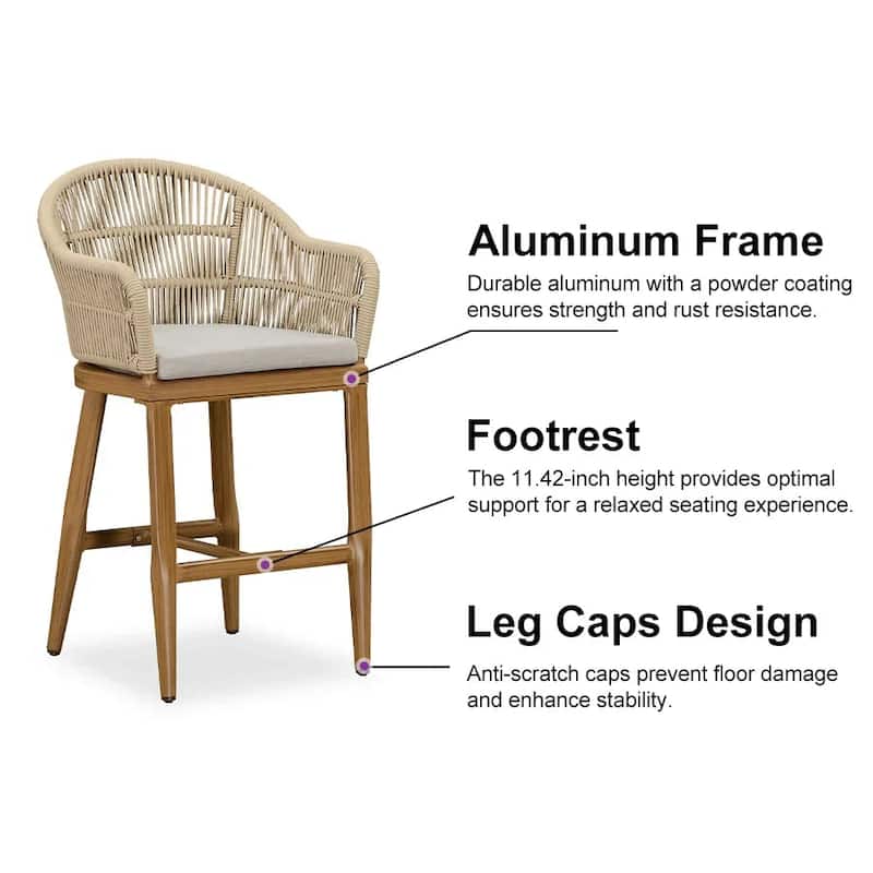 PURPLE LEAF Outdoor Counter Bar Stools Set of 4 Patio Aluminum Barstools with Back and Cushions Metal Modern Wicker Chairs