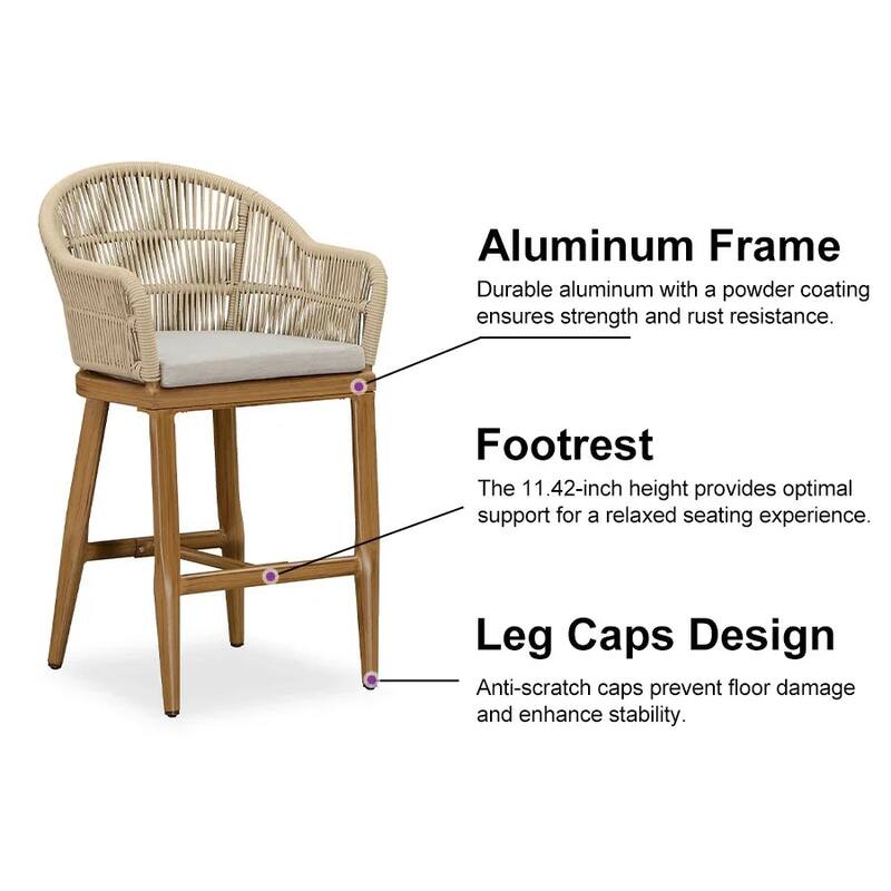 PURPLE LEAF Rattan Barstools Modern Wicker Dining Chairs Set of 2 Counter Stools with Cushion and Back Outdoor Bar Stools