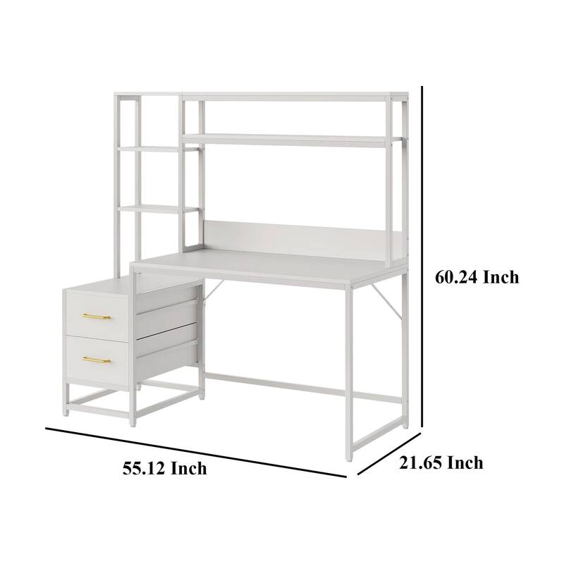 Computer Desk, 2 Drawers, Open Shelf Hutch, White Metal, 60 Inch