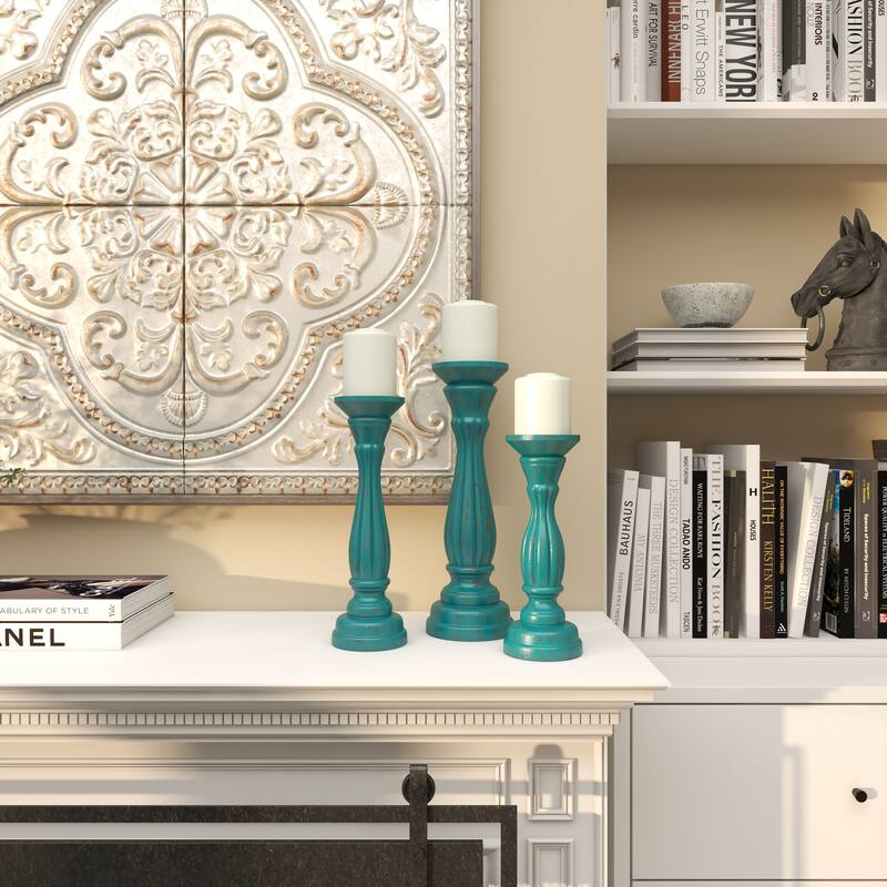 Gray, Green, Brown or Blue Wooden Distressed Turned Decorative Candle Holder (Set of 3)
