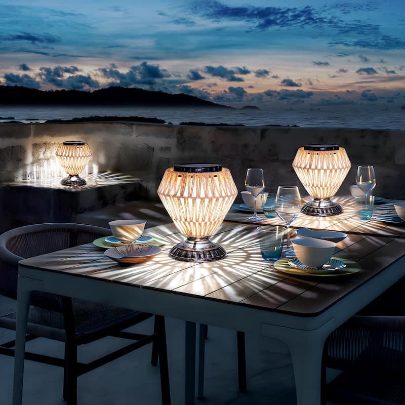 Solar Panel Rattan Woven Lights Dimmable Nightstand Desk Lamp Outdoor Indoor Decorative - Brown