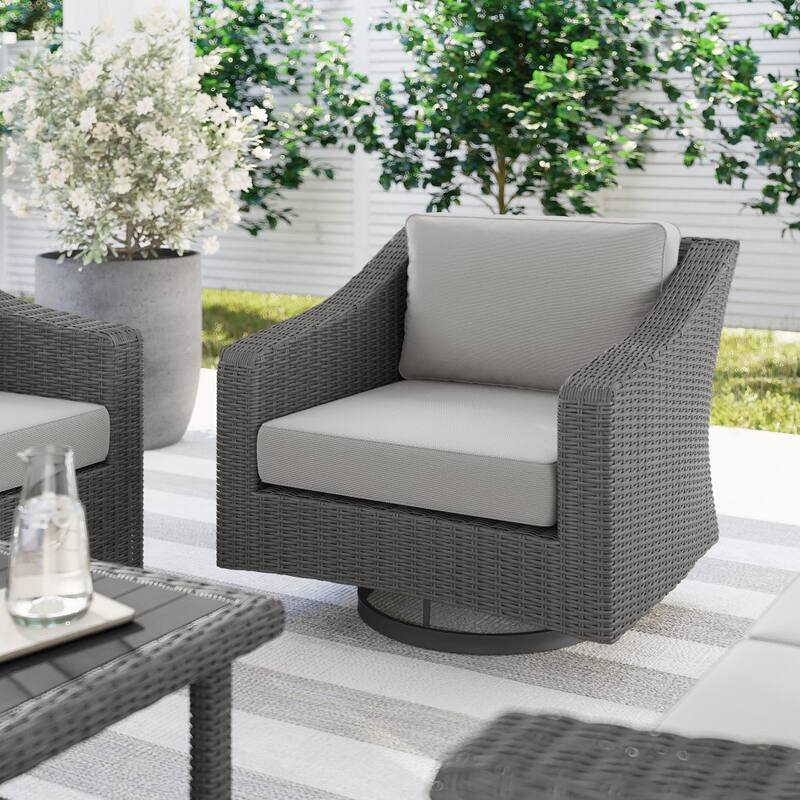 Martha Stewart Outdoor Rattan Wicker Swivel Chair with All-Weather Cushions - 34"D x 32"W x 30"H