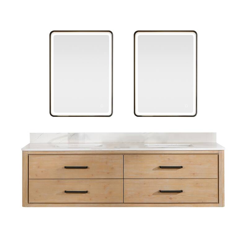 Cristo Floating Bath Vanity with White Quartz Stone Top and Mirror - 72 in. - Fir Wood Brown