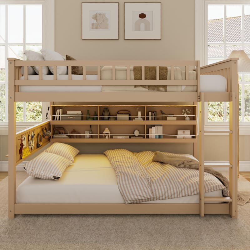 Full XL over Queen/Full over Full Bunk Bed with Integrated Shelving, Color-Changing Lights & Pegboard